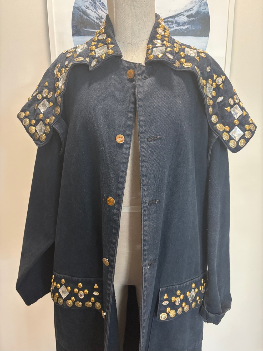 Black Embellished Western Long Jacket - Gold Stud Detail with Storm Flap